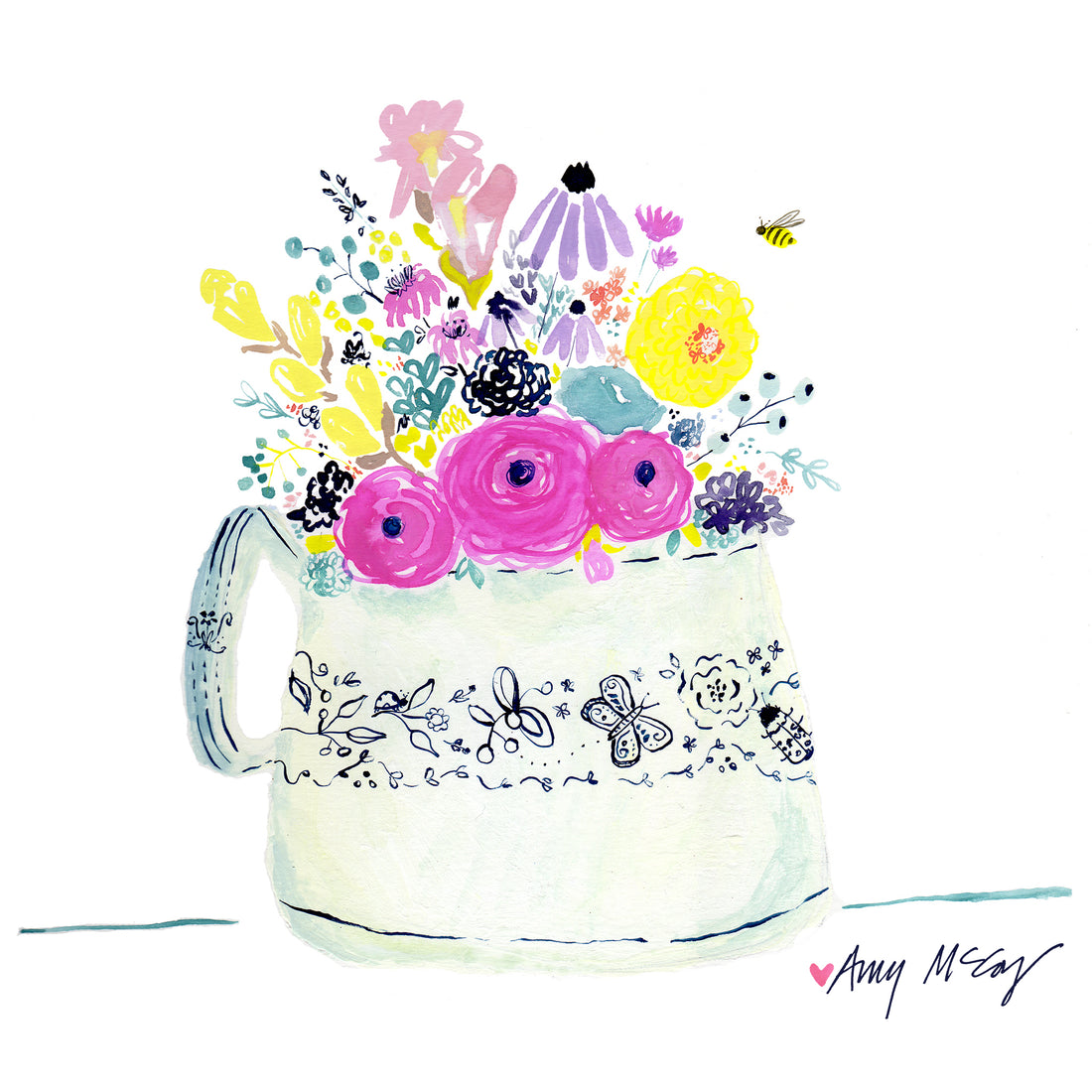 cheery painting of flowers in a white vase with an indigo butterfly and blooms pattern, hand painted by Amy McCoy