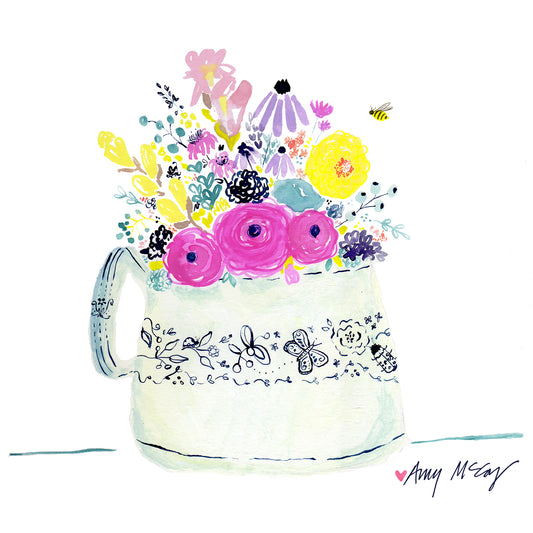 cheery painting of flowers in a white vase with an indigo butterfly and blooms pattern, hand painted by Amy McCoy