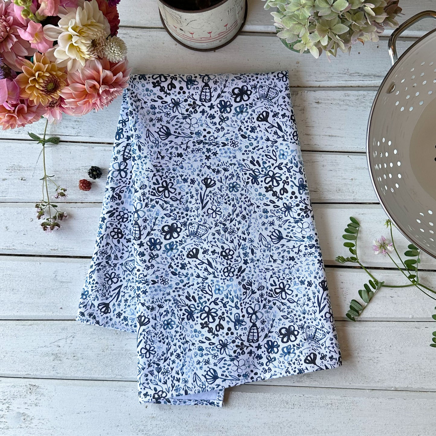 Indigo Butterfly Garden Cotton Tea Towel