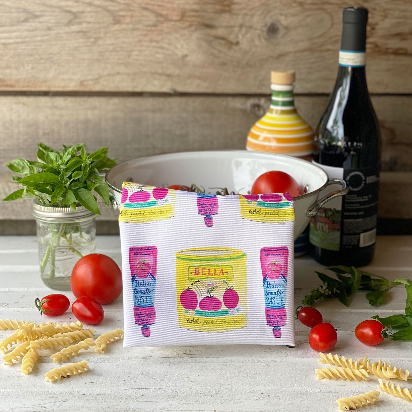 Red Sauce tomato themed cotton tea towel with watercolor tomato cans, ethically made in USA