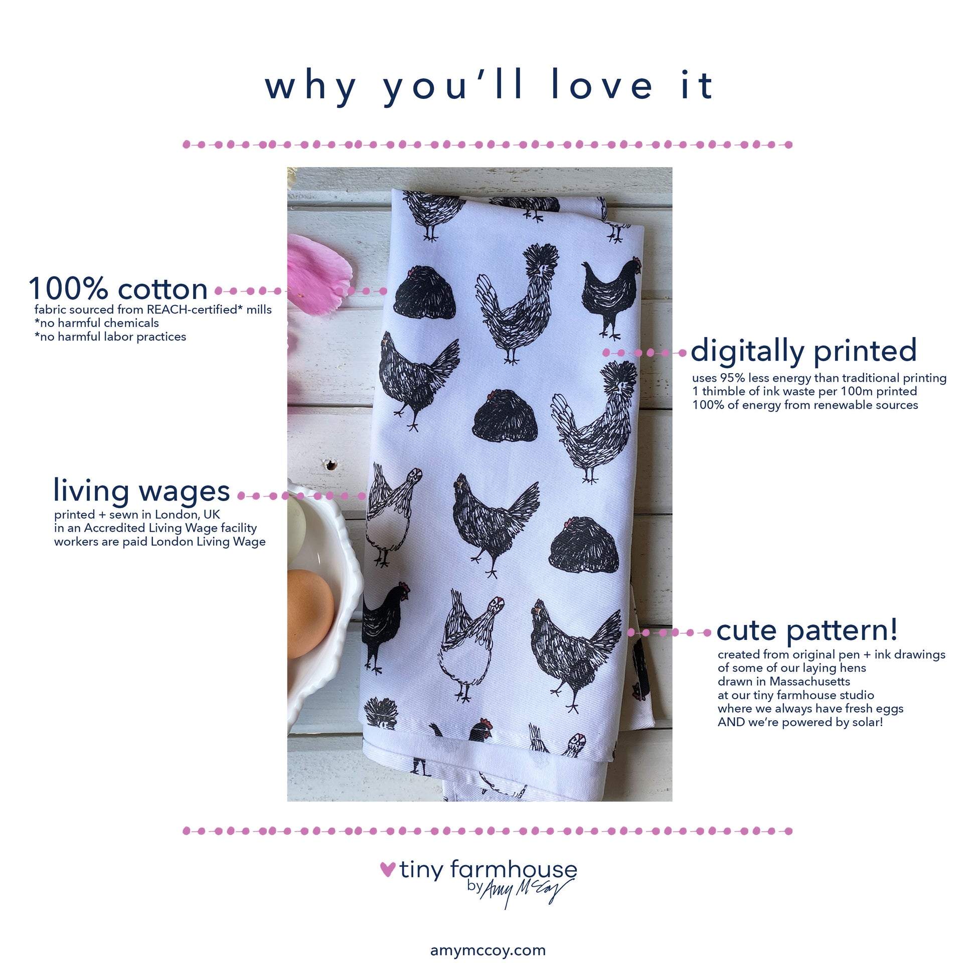 Chicken themed cotton tea towel with hand-drawn chickens, ethically made in USA.  why you'll love it: original drawings, living wages paid, 100% cotton