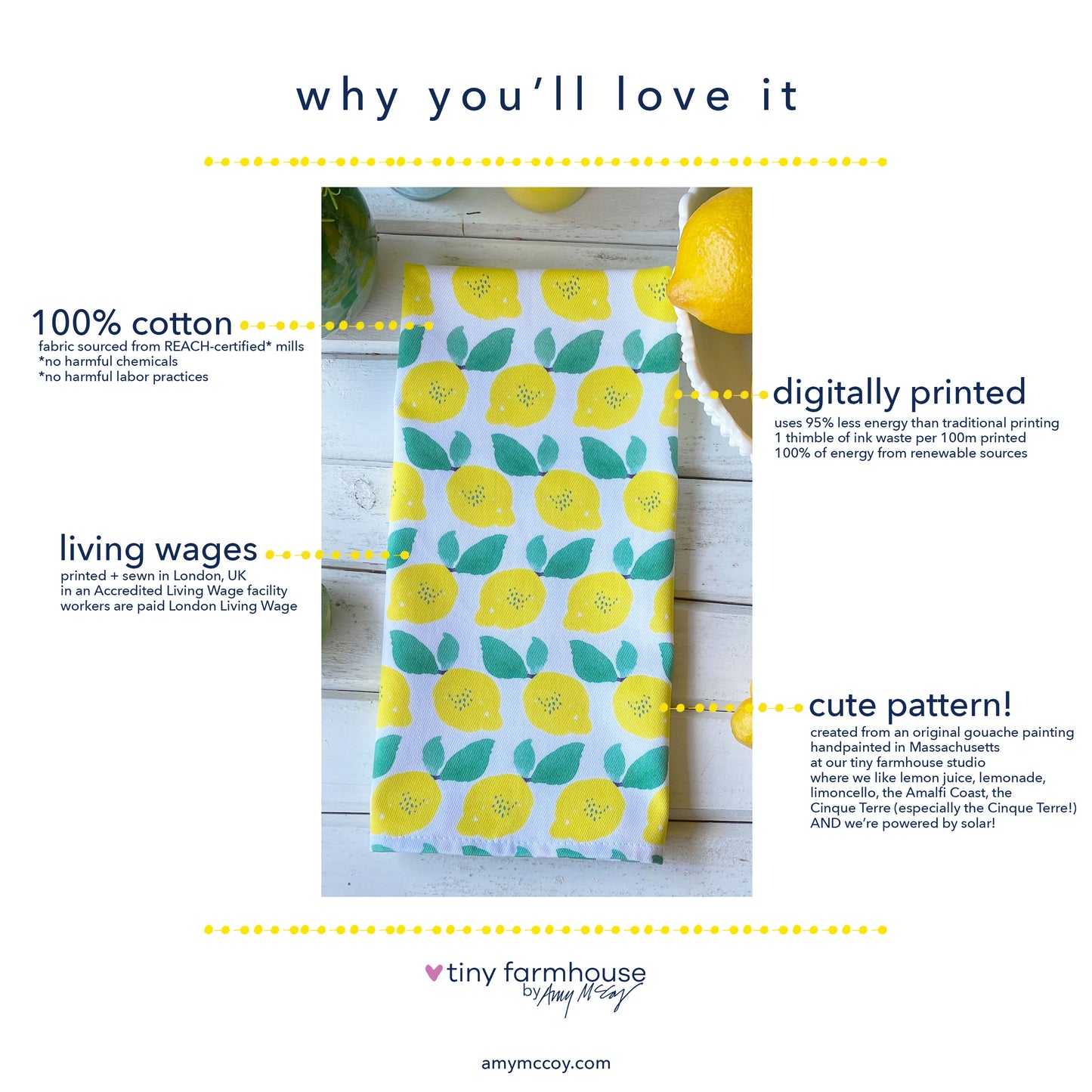 Lemon themed cotton tea towel with watercolor lemons, ethically made in USA. why you'll love it: 100% cotton, living wages paid, original watercolor art