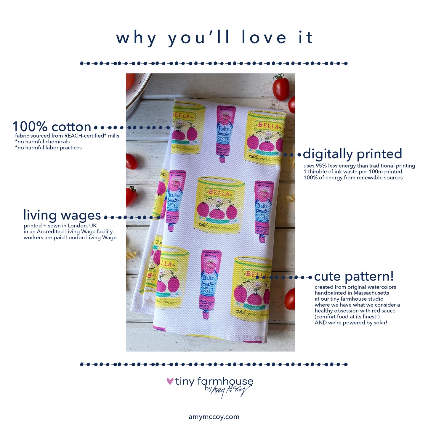Red Sauce tomato themed cotton tea towel with watercolor tomato cans, ethically made in USA. Why you'll love it: 100% cotton, living wages paid, artist-designed in the USA