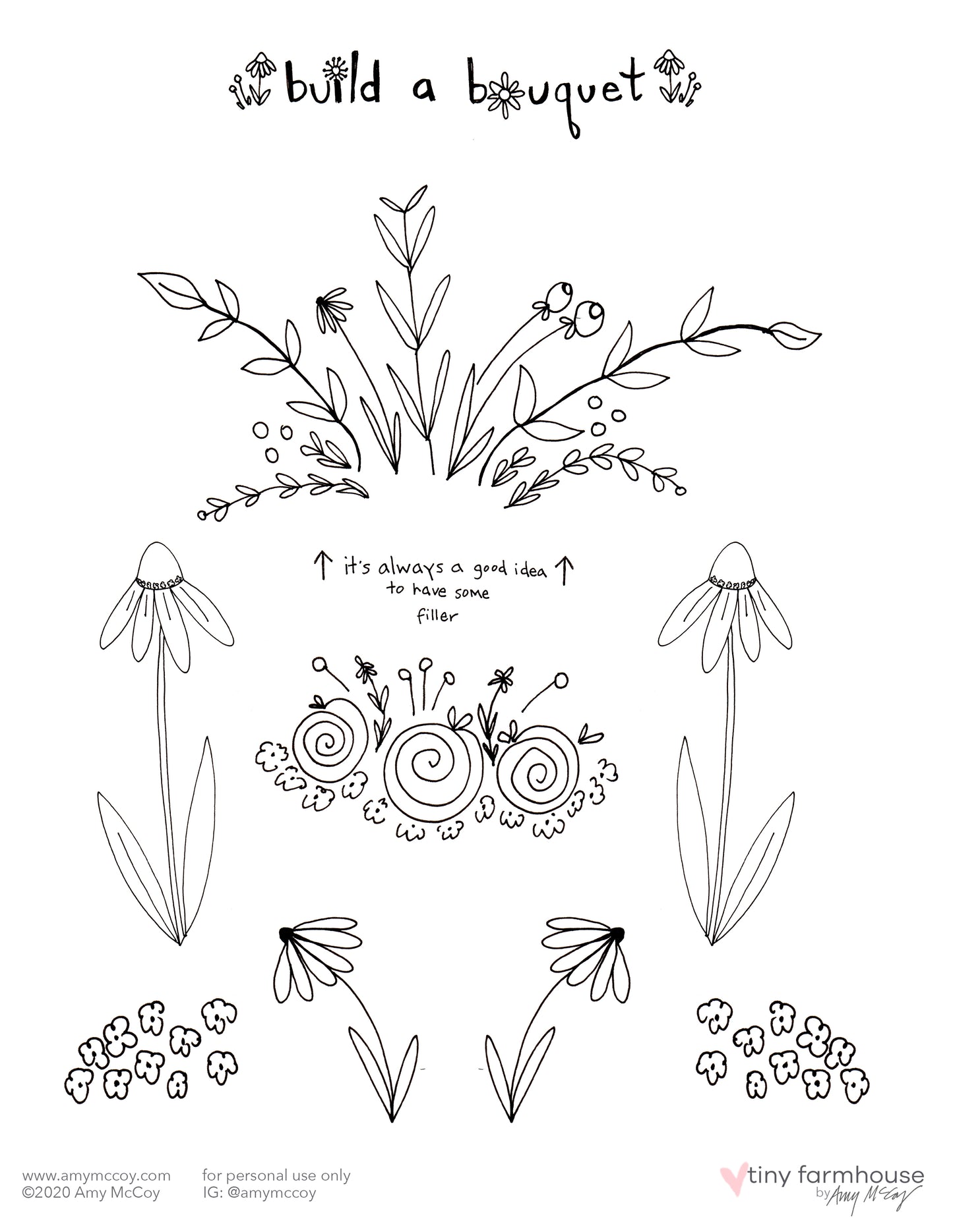 Build-a-Bouquet free coloring sheet kit - tiny farmhouse by Amy McCoy