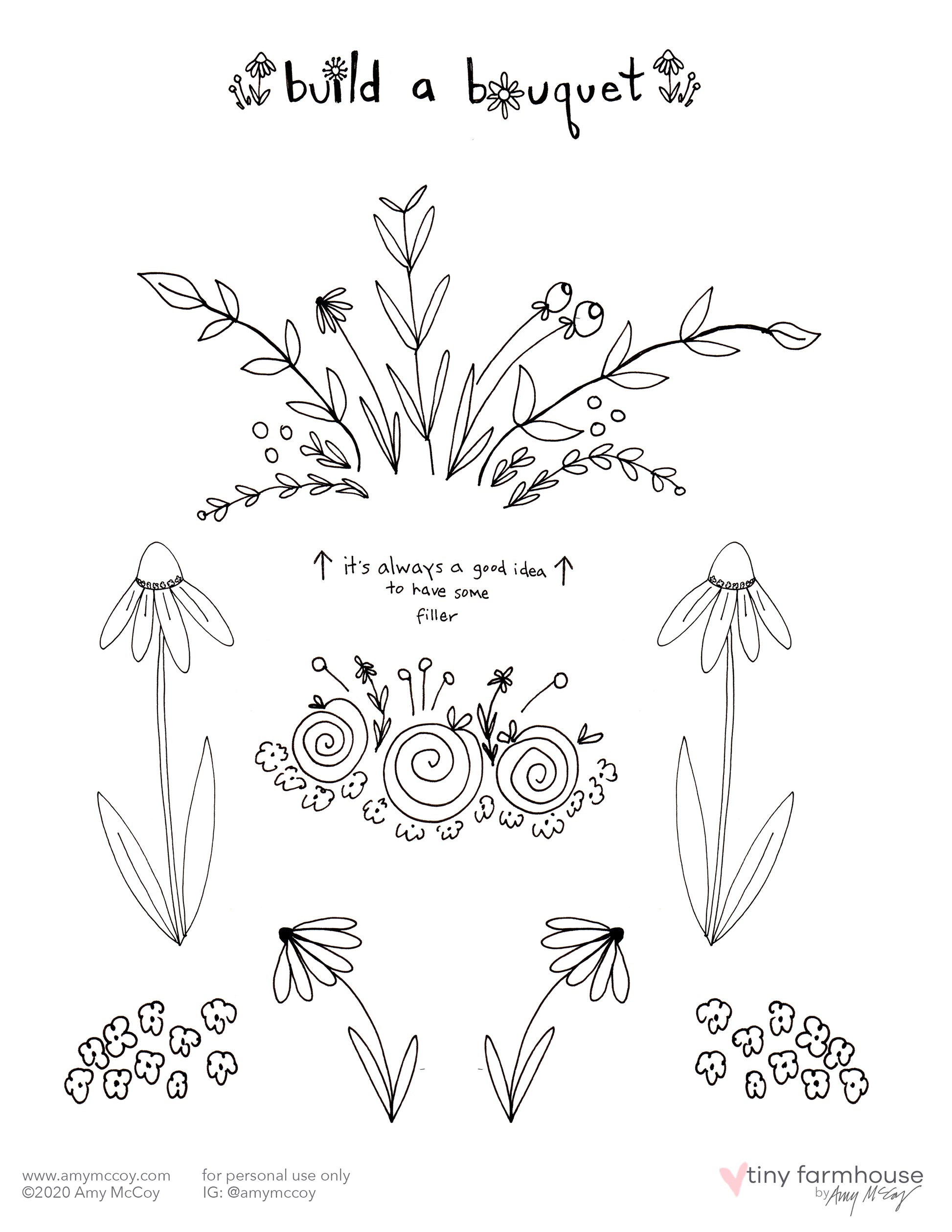 Build-a-Bouquet free coloring sheet kit - tiny farmhouse by Amy McCoy