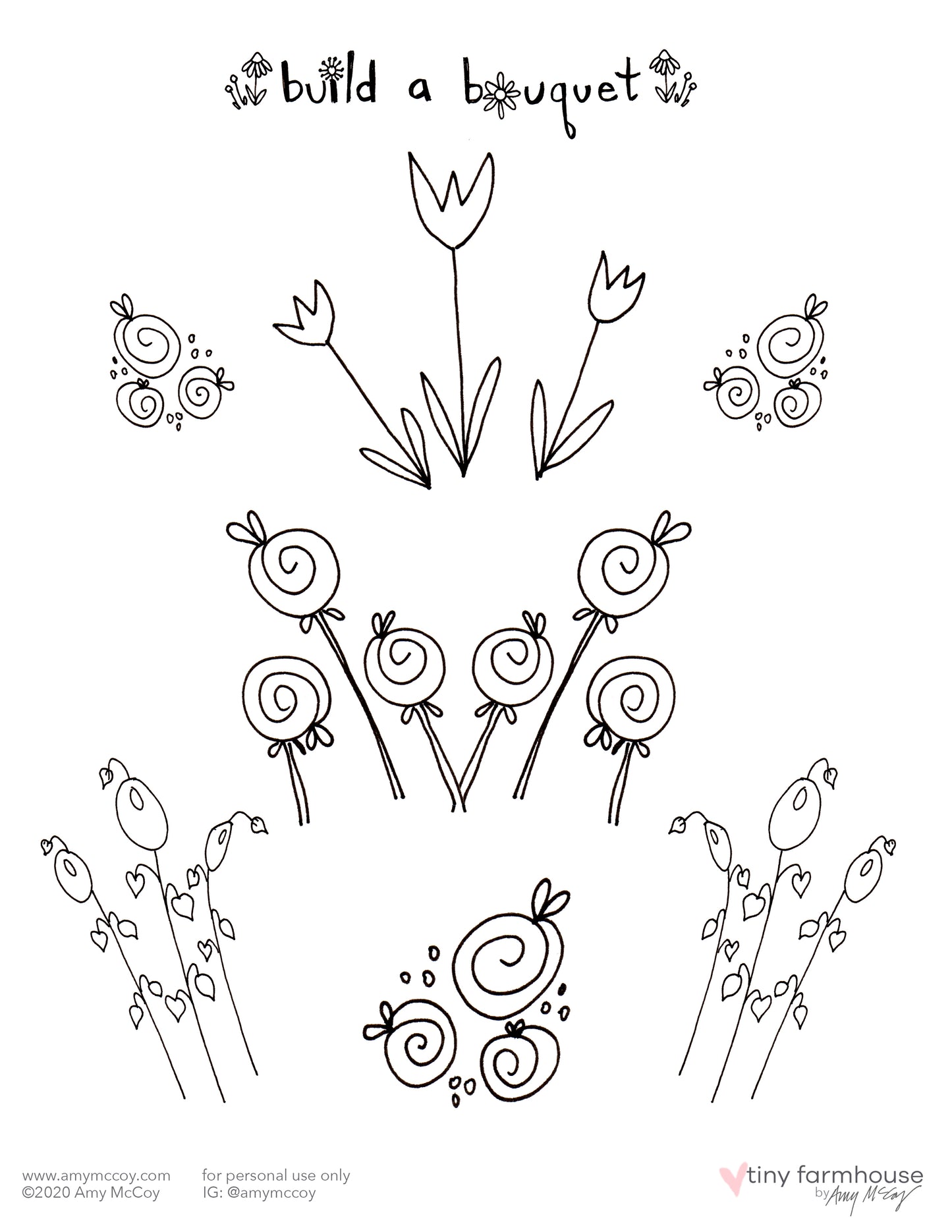 Build-a-Bouquet free coloring sheet kit - tiny farmhouse by Amy McCoy