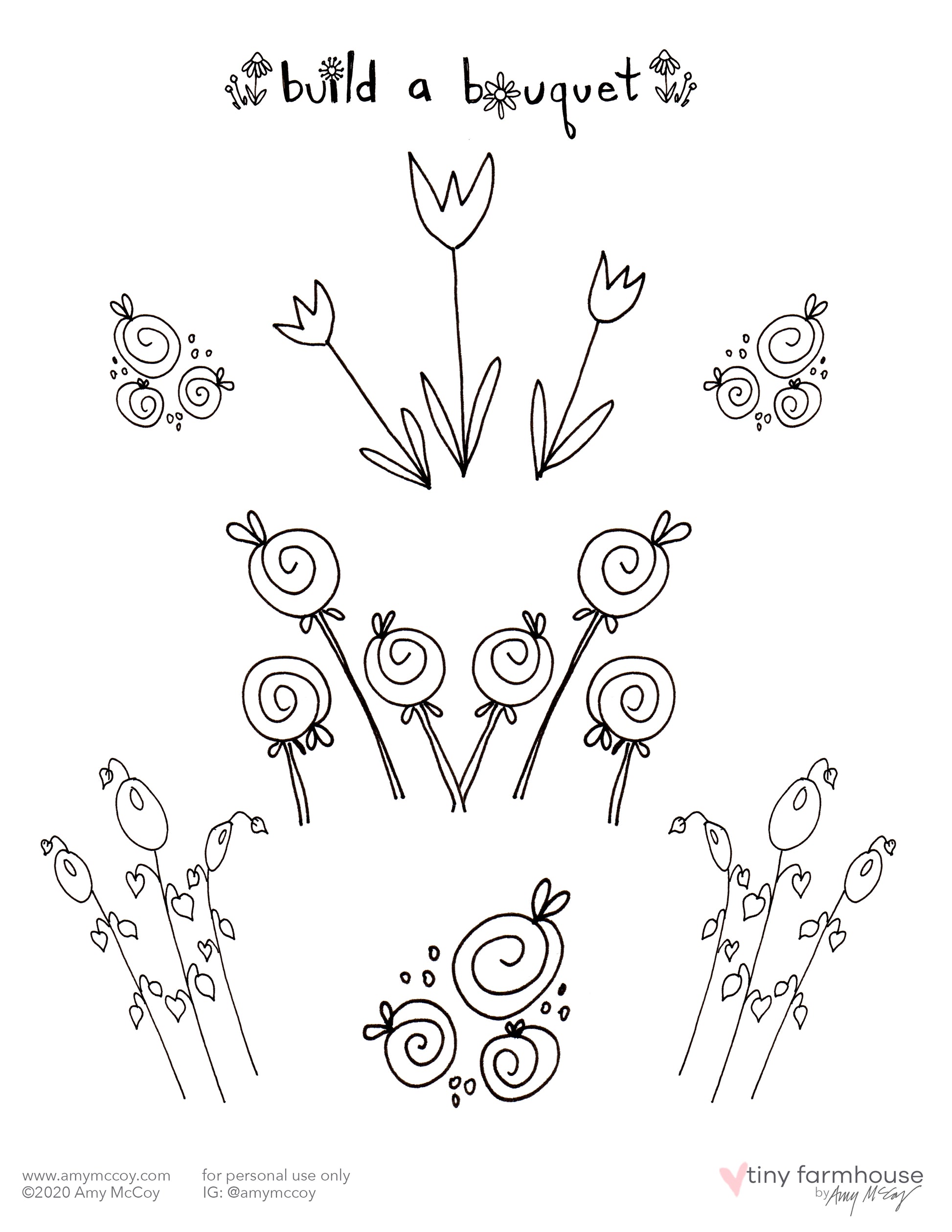 Build-a-Bouquet free coloring sheet kit - tiny farmhouse by Amy McCoy