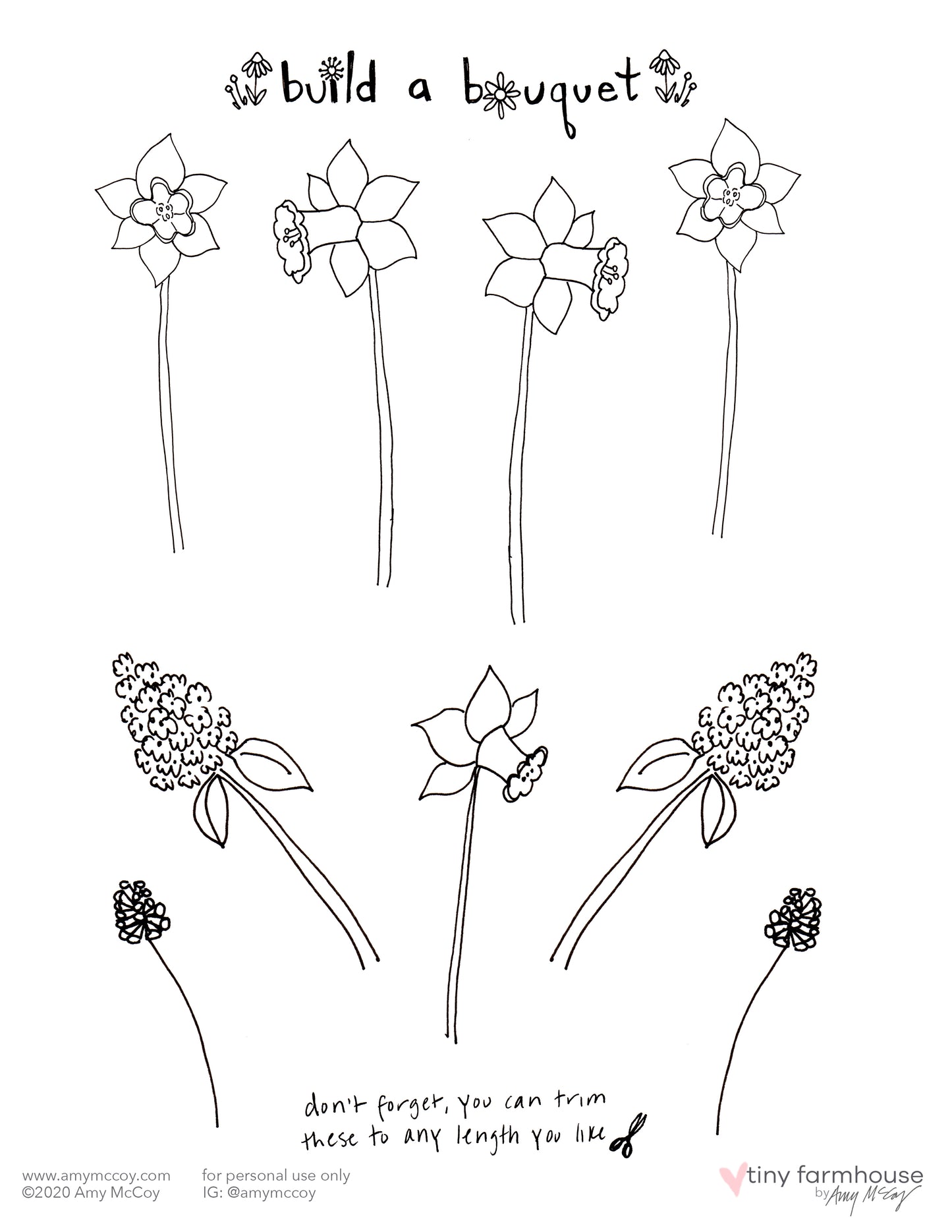 Build-a-Bouquet free coloring sheet kit - tiny farmhouse by Amy McCoy