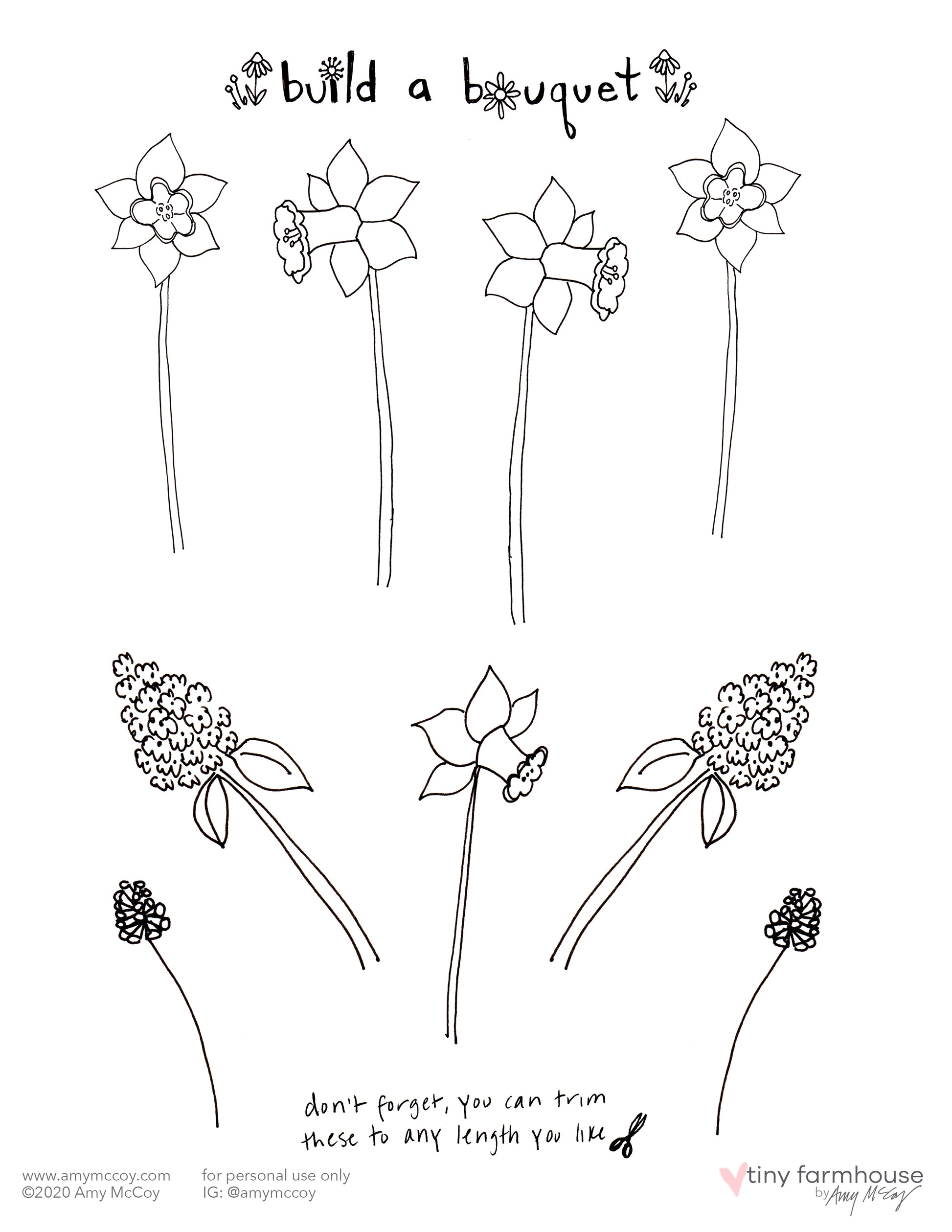 Build-a-Bouquet free coloring sheet kit - tiny farmhouse by Amy McCoy