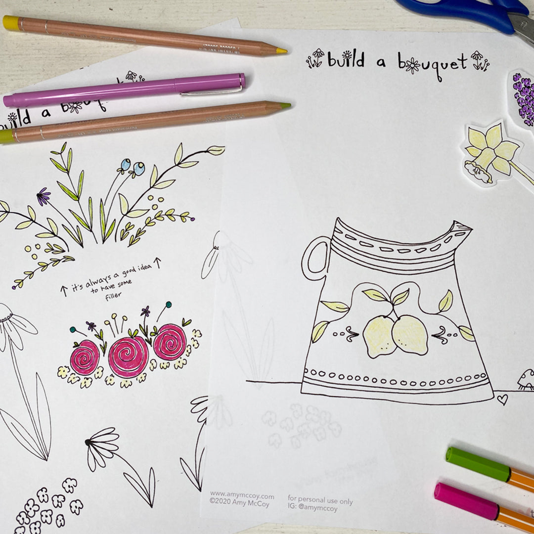 Build-a-Bouquet free coloring sheet kit - tiny farmhouse by Amy McCoy