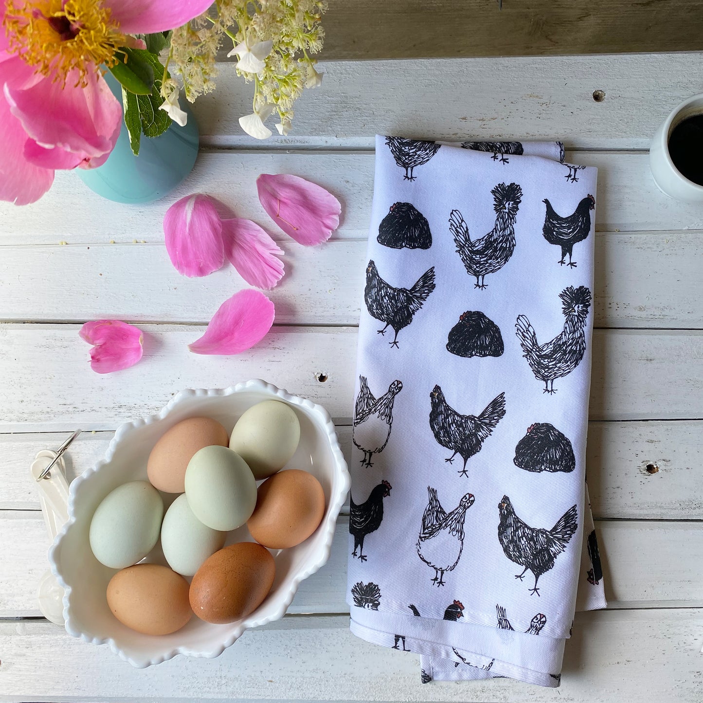 Chicken themed cotton tea towel with hand-drawn chickens, ethically made in USA.