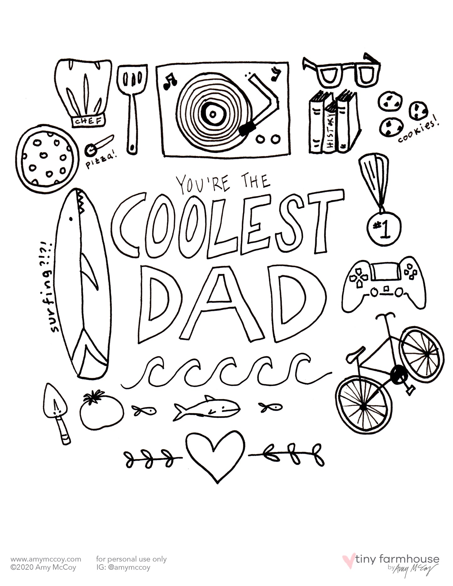 Coolest Dad free coloring sheet - tiny farmhouse by Amy McCoy