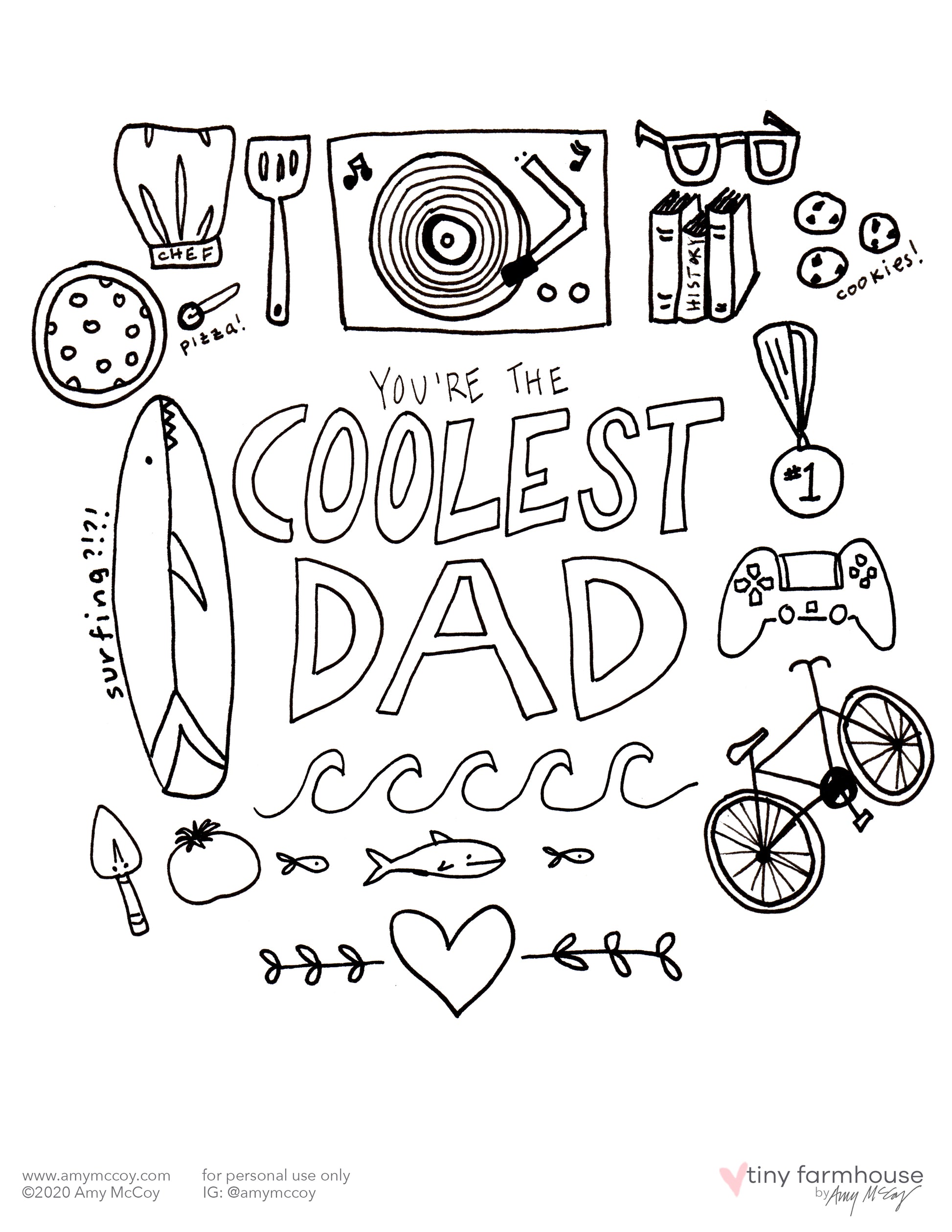Coolest Dad free coloring sheet - tiny farmhouse by Amy McCoy
