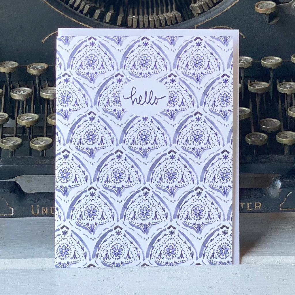 Indigo Fishscale Hello card - tiny farmhouse by Amy McCoy