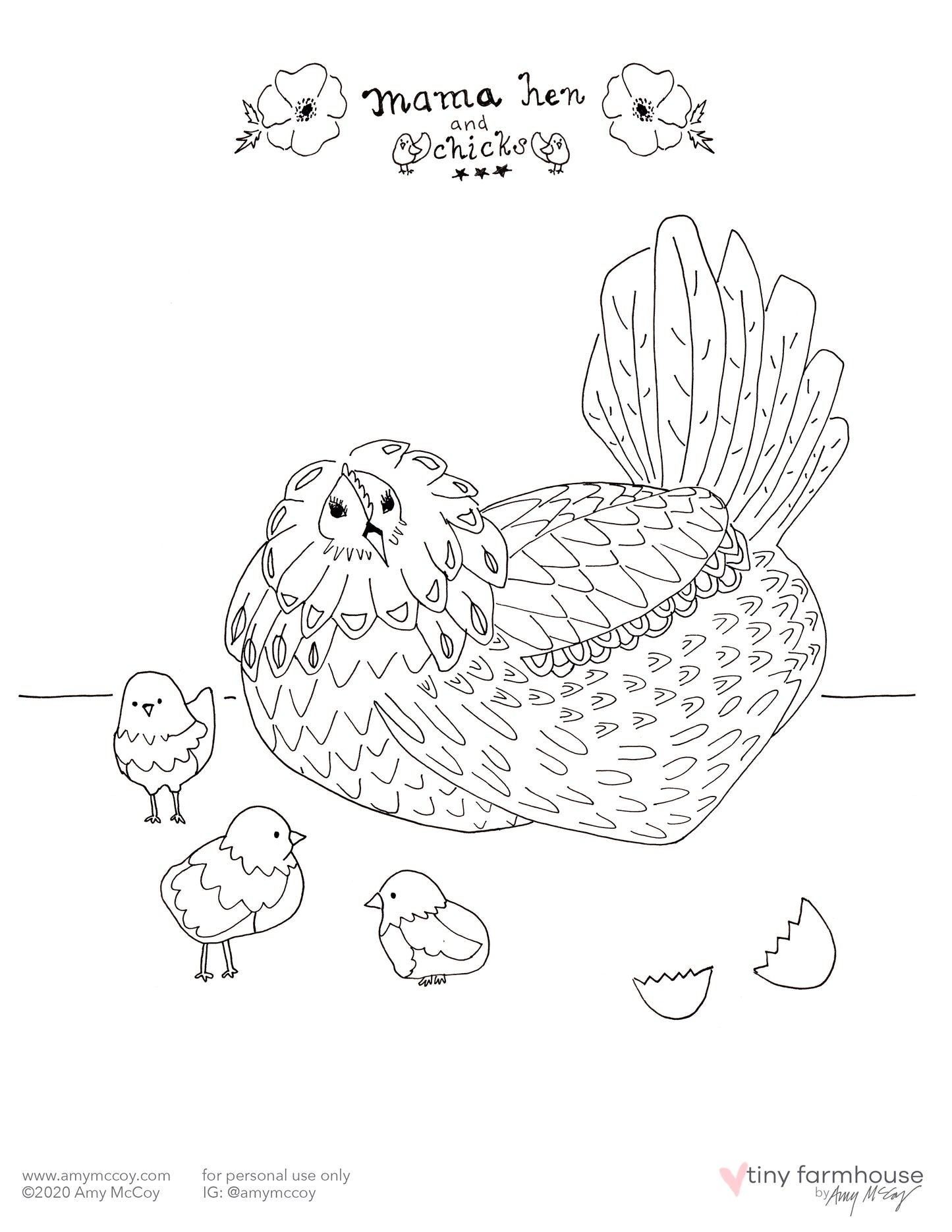 Mama Hen and Chicks free coloring sheet - tiny farmhouse by Amy McCoy