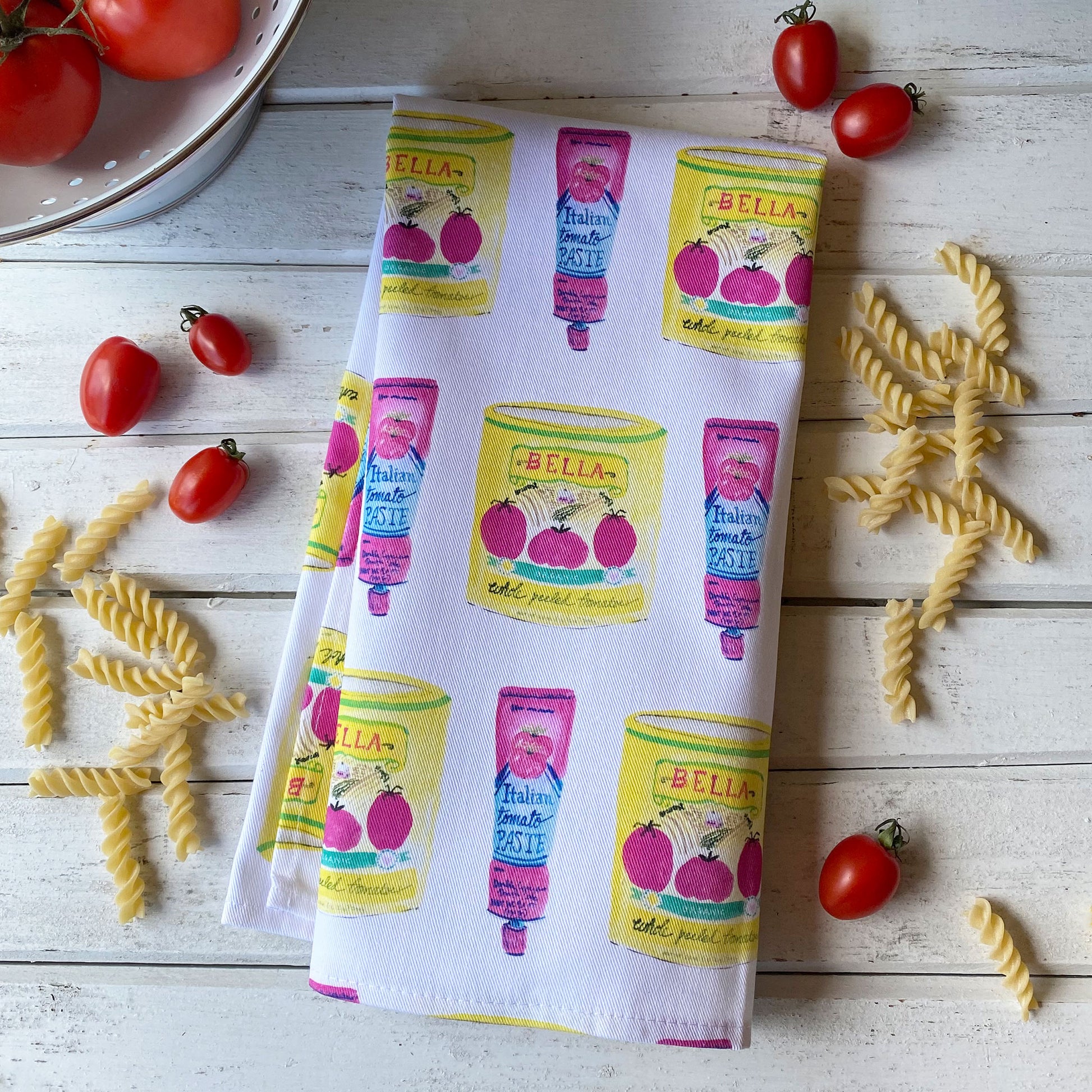 Red Sauce tomato themed cotton tea towel with watercolor tomato cans, ethically made in USA