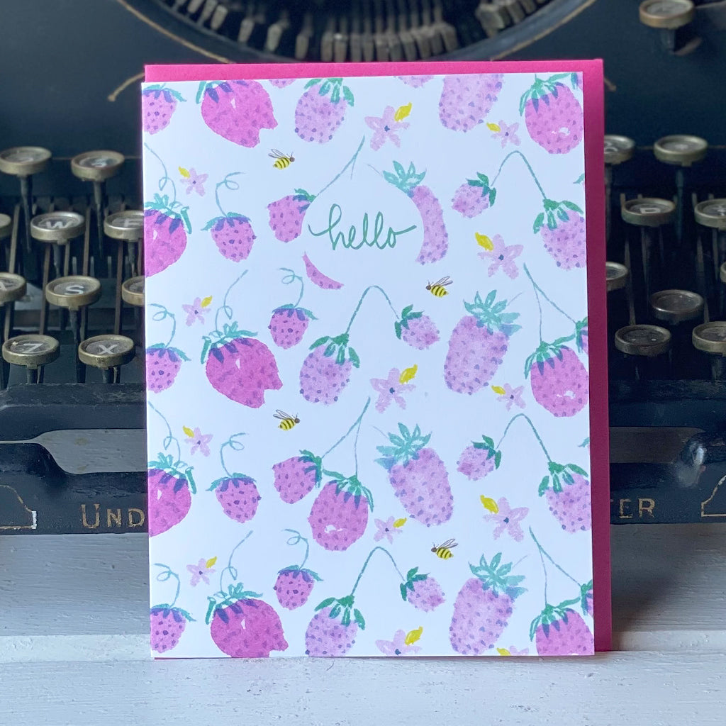 Strawberry Patch Hello card - tiny farmhouse by Amy McCoy