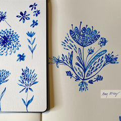 hand painted indigo floral fish scale pattern by Amy McCoy