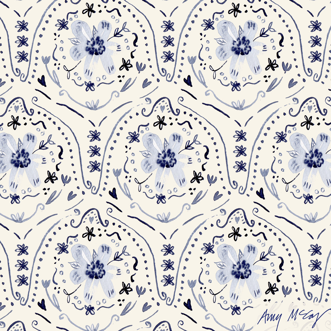 hand painted indigo floral fish scale pattern by Amy McCoy