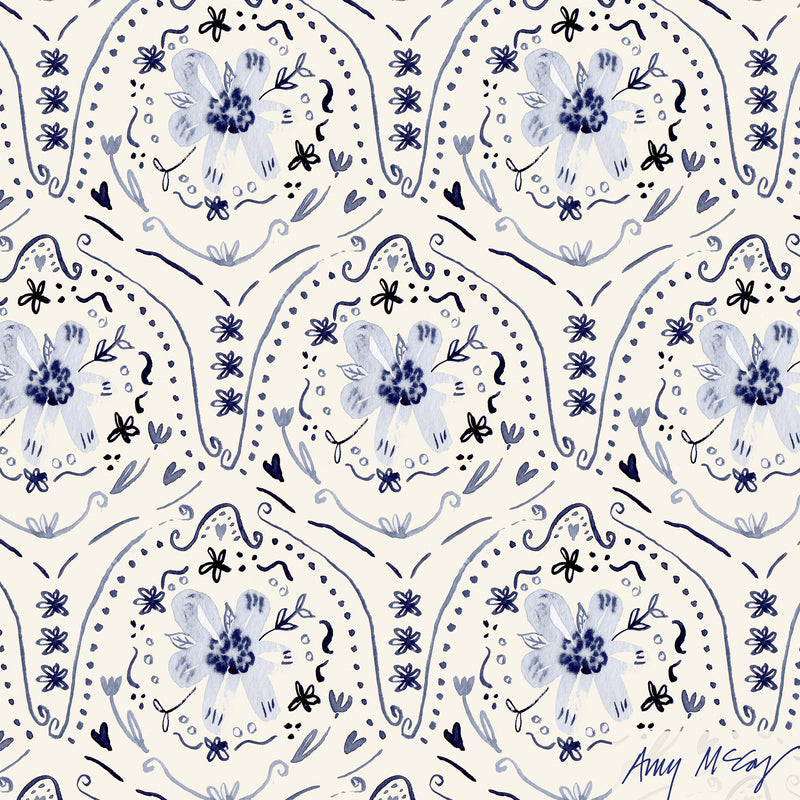 hand painted indigo floral fish scale pattern by Amy McCoy