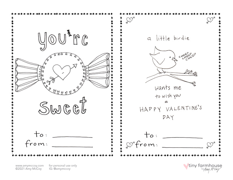 Valentine's Day free coloring sheets - tiny farmhouse by Amy McCoy