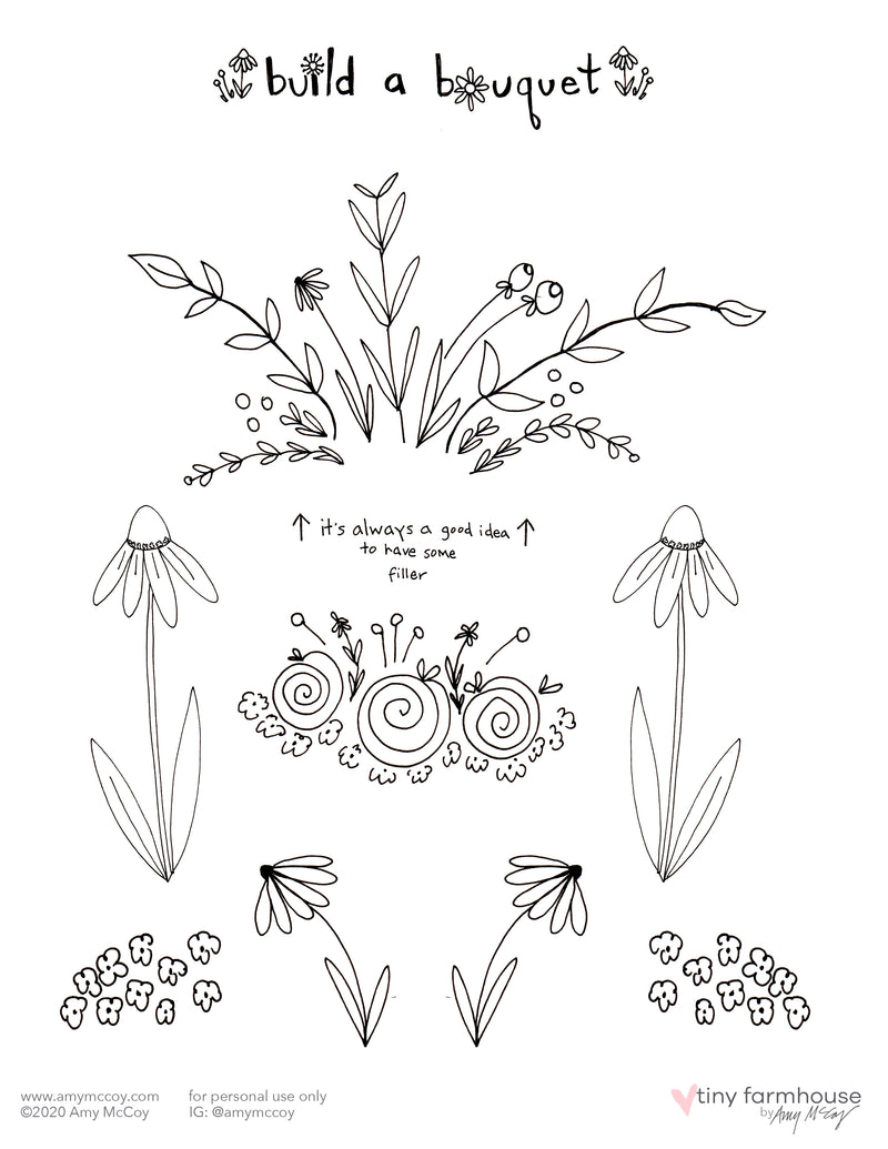 Build-a-Bouquet free coloring sheet kit - tiny farmhouse by Amy McCoy