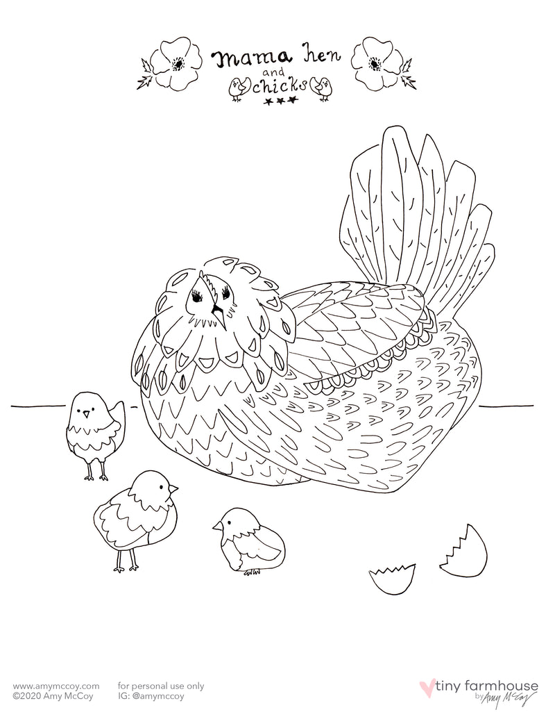 Mama Hen and Chicks free coloring sheet - tiny farmhouse by Amy McCoy