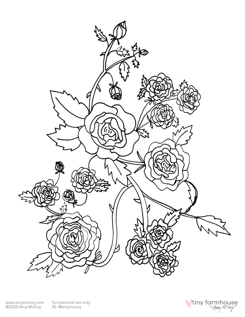 Roses free coloring sheet - tiny farmhouse by Amy McCoy